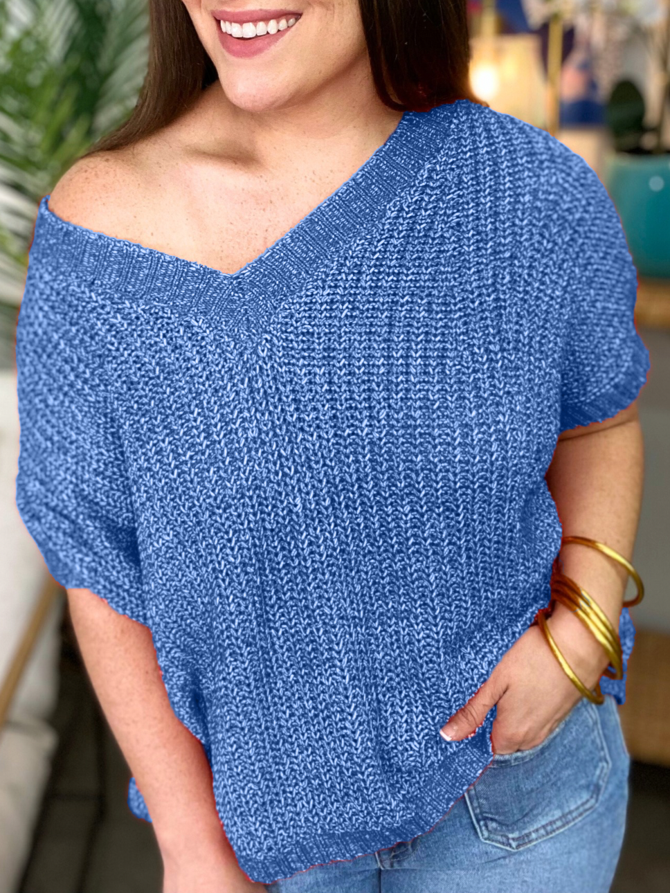 2024 Oversized Knitted V-neck Short Sleeve Top