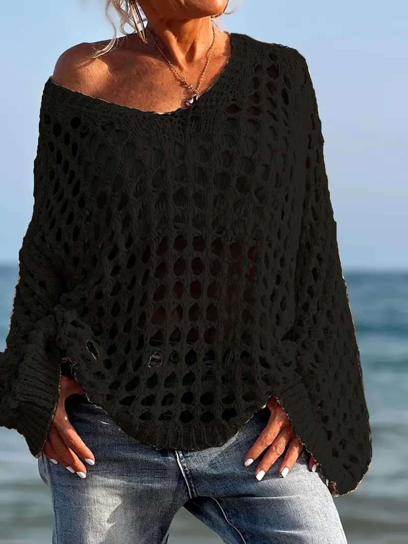 Women's Casual Loose V Neck Hollow Out Long Sleeve Coverups