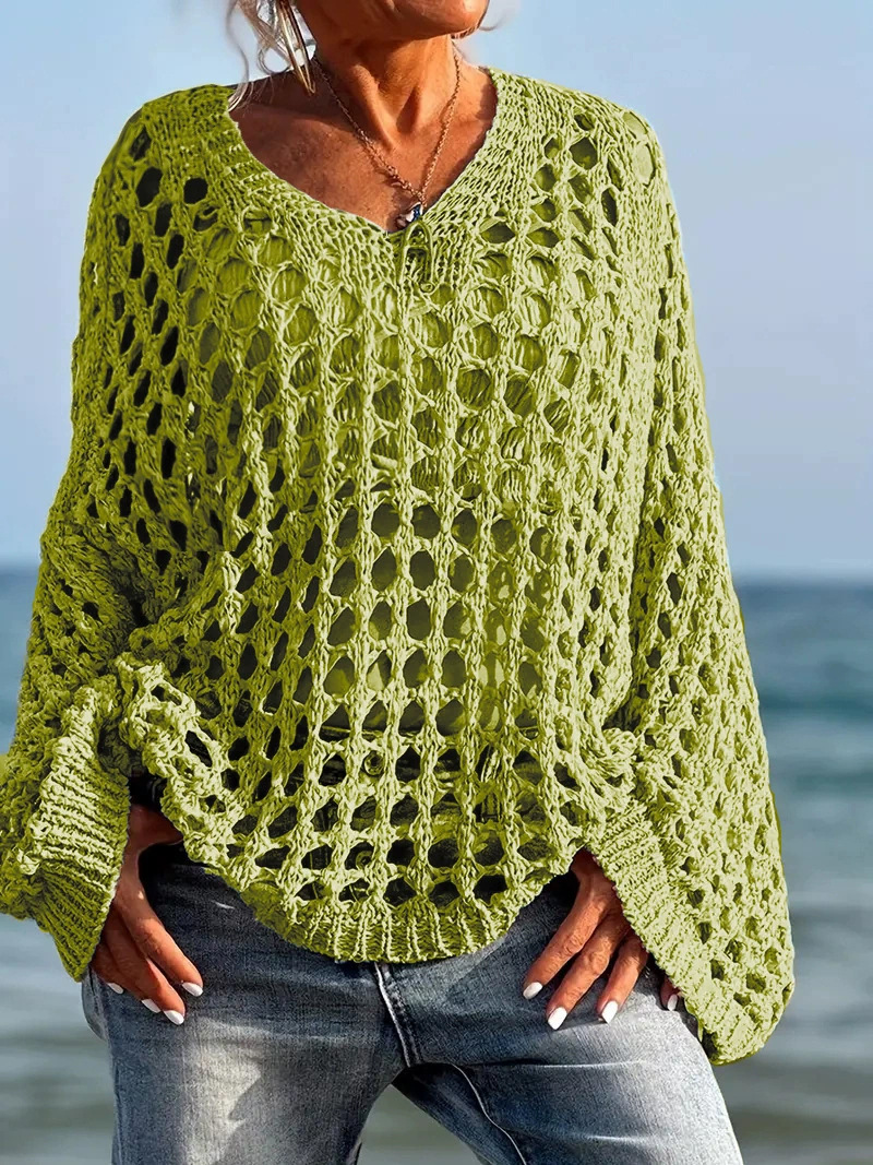 Women's Casual Loose V Neck Hollow Out Long Sleeve Coverups
