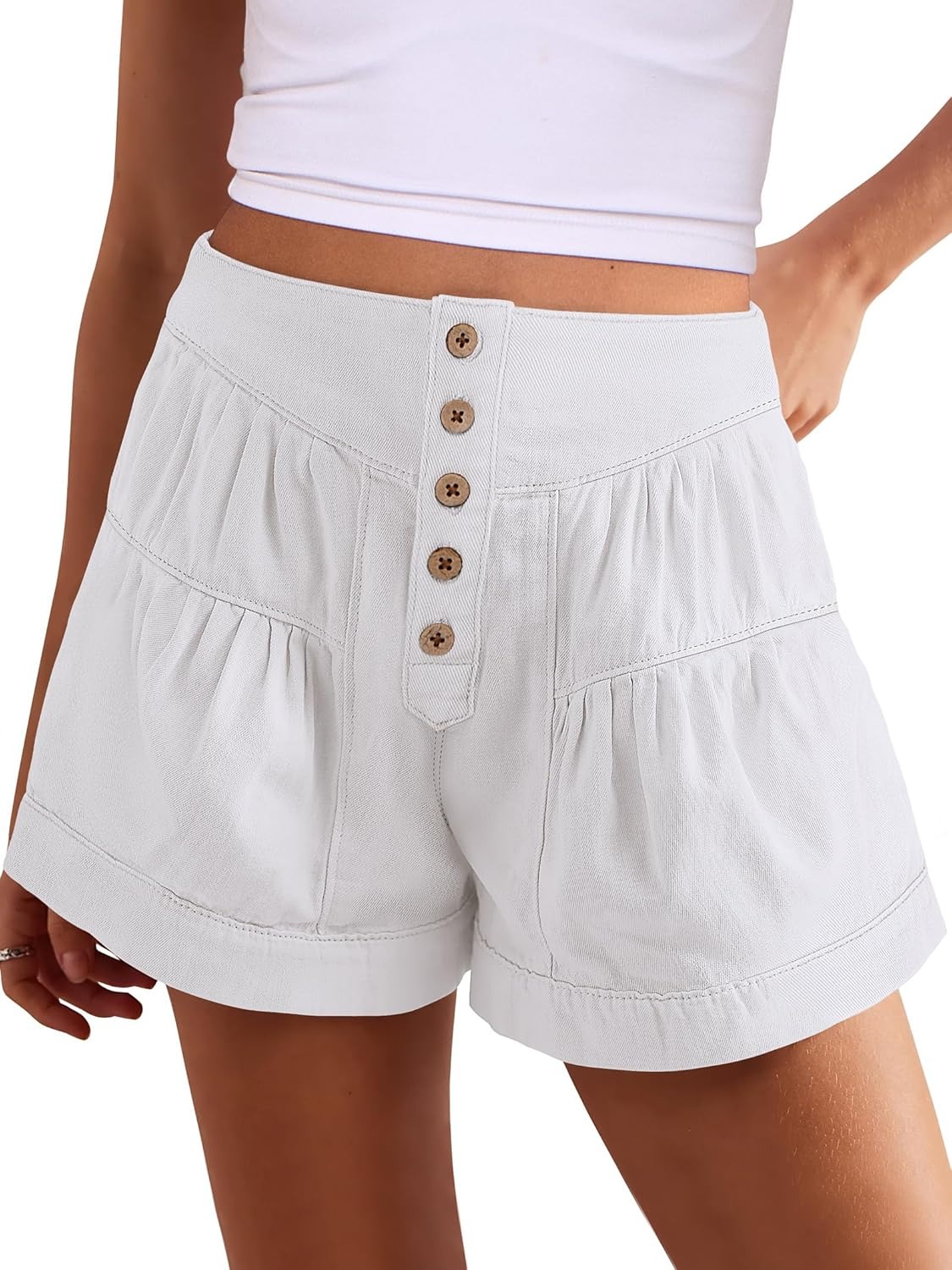 Women's Summer Baggy Flowy Wide Leg Buttons Pleated Denim Shorts