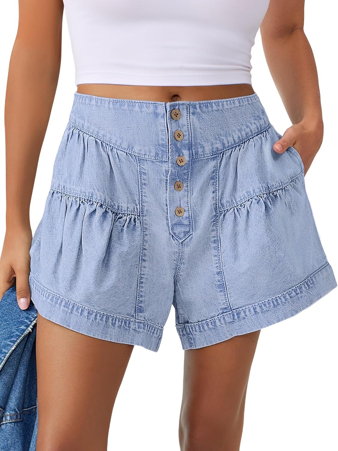 Women's Summer Baggy Flowy Wide Leg Buttons Pleated Denim Shorts