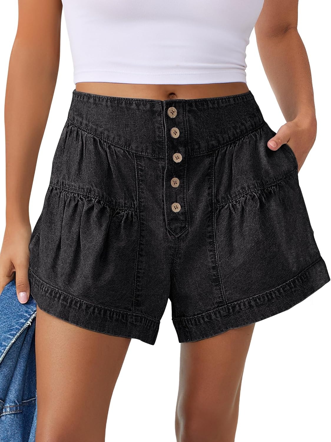Women's Summer Baggy Flowy Wide Leg Buttons Pleated Denim Shorts