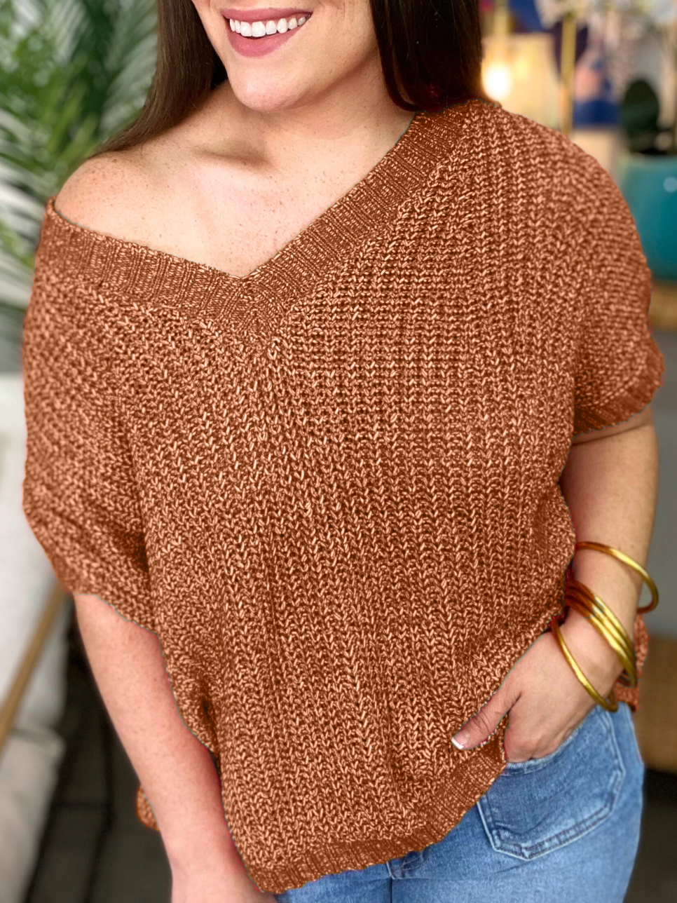 2024 Oversized Knitted V-neck Short Sleeve Top