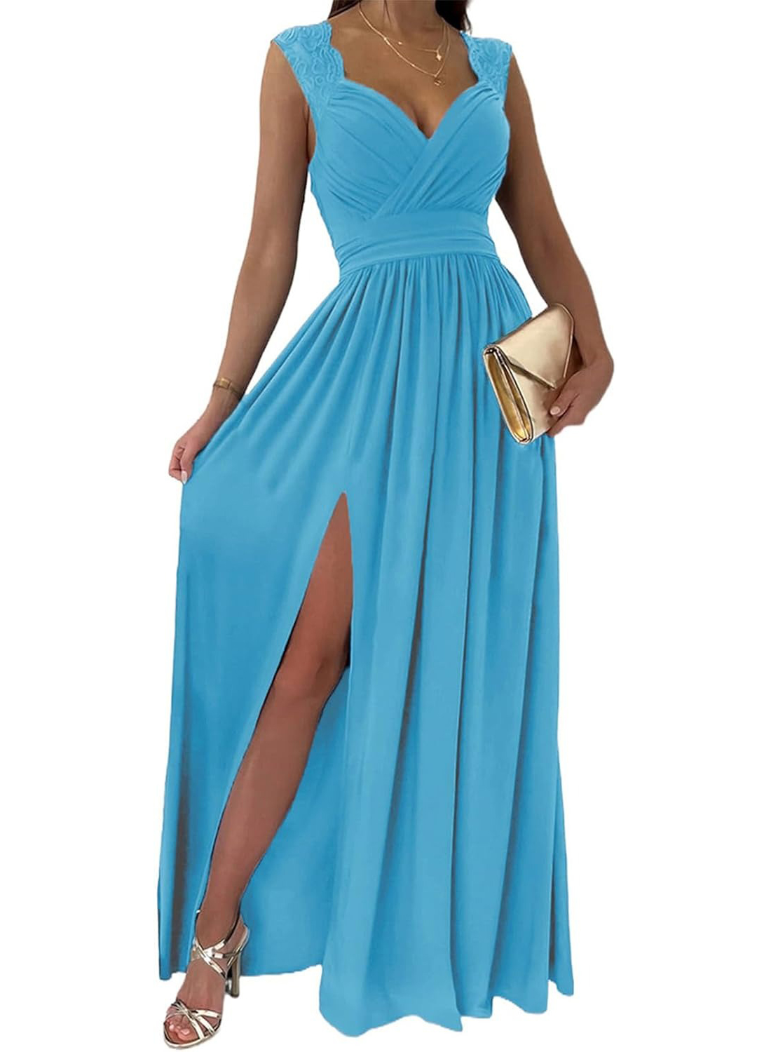 Women's Wrap V-Neck Lace Strap Ruched Sexy Maxi Dress