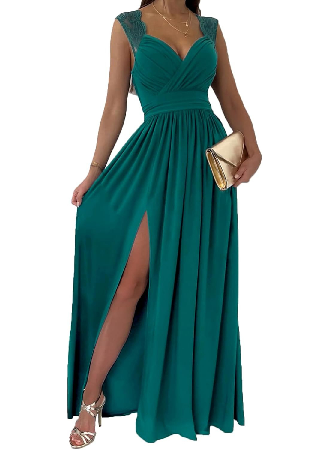 Women's Wrap V-Neck Lace Strap Ruched Sexy Maxi Dress