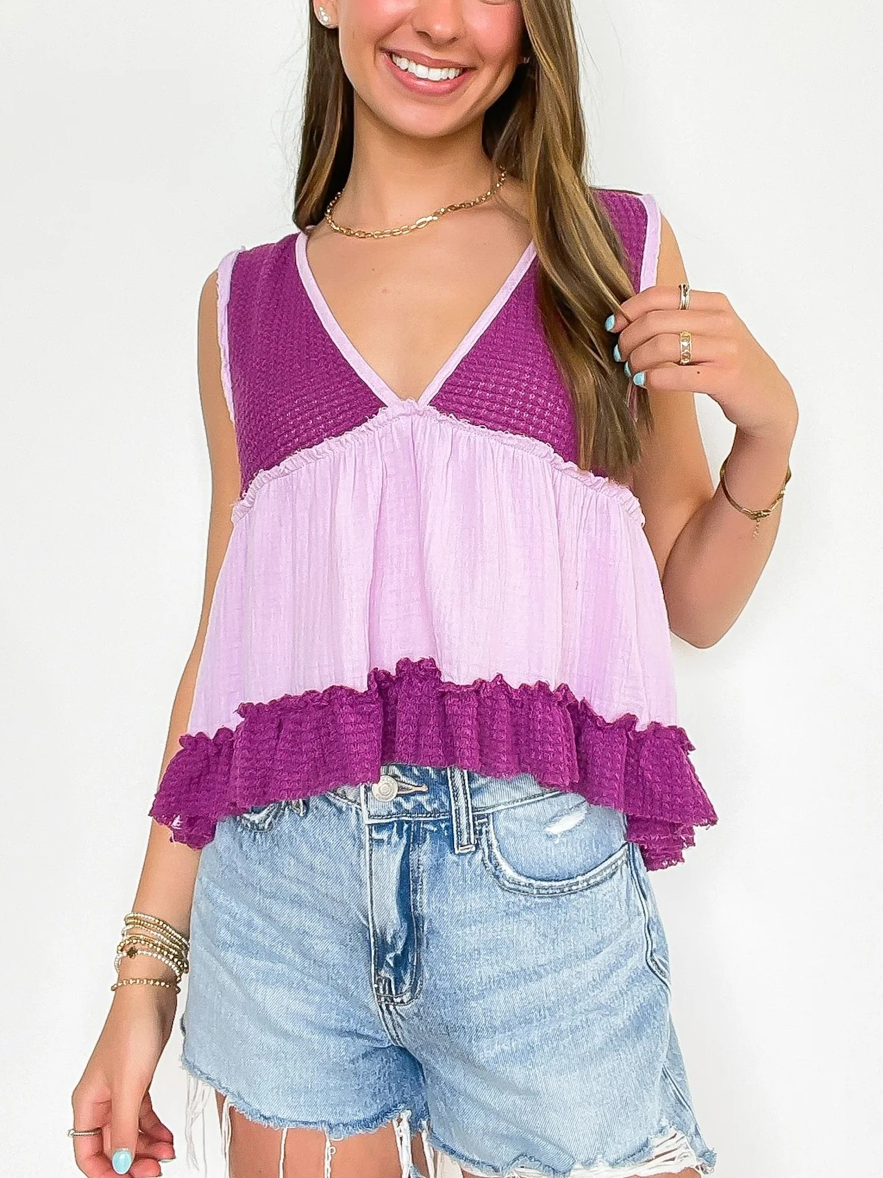 Women's V-Neck Patchwork Ruffle Hem Babydoll Tank Top
