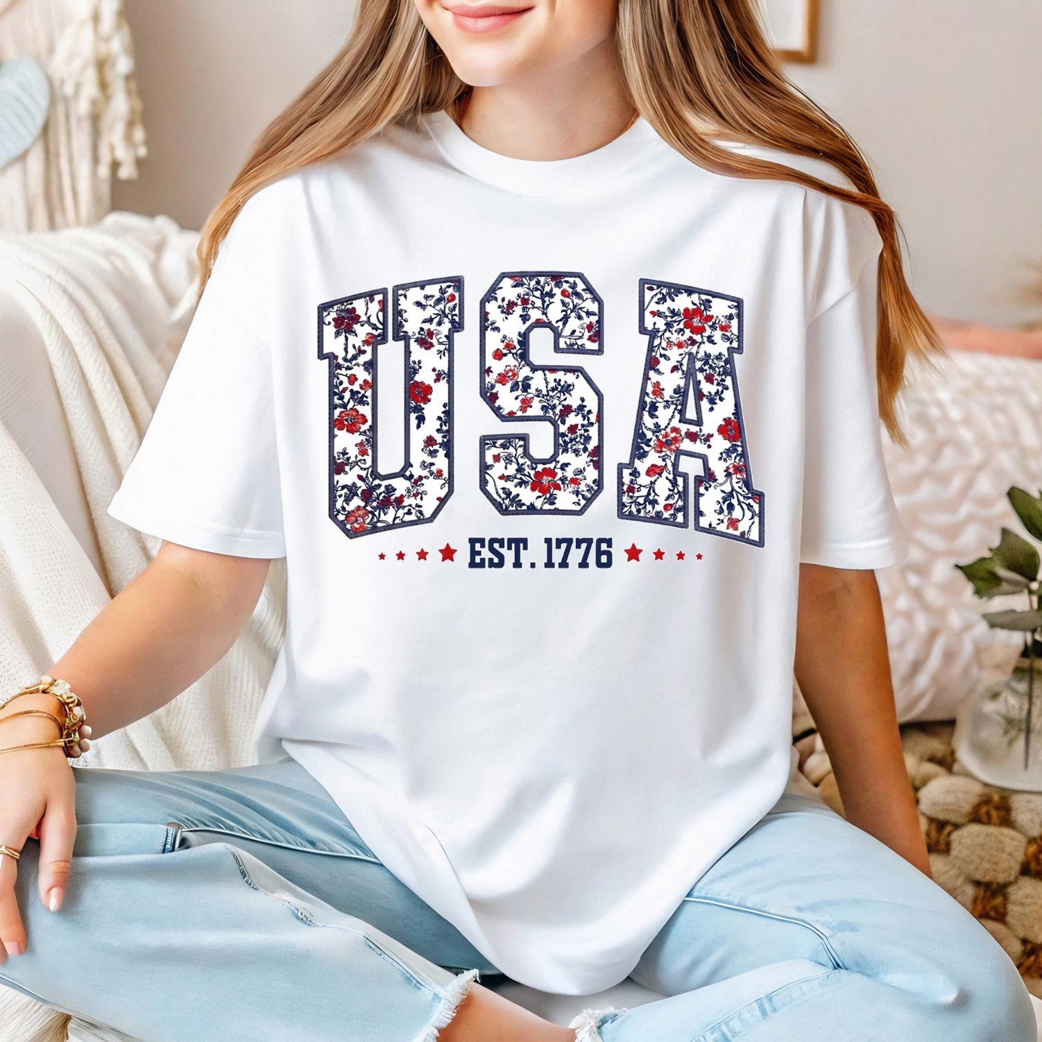 Women's Patriotic Floral USA Graphic Tee, Independence Day Shirt