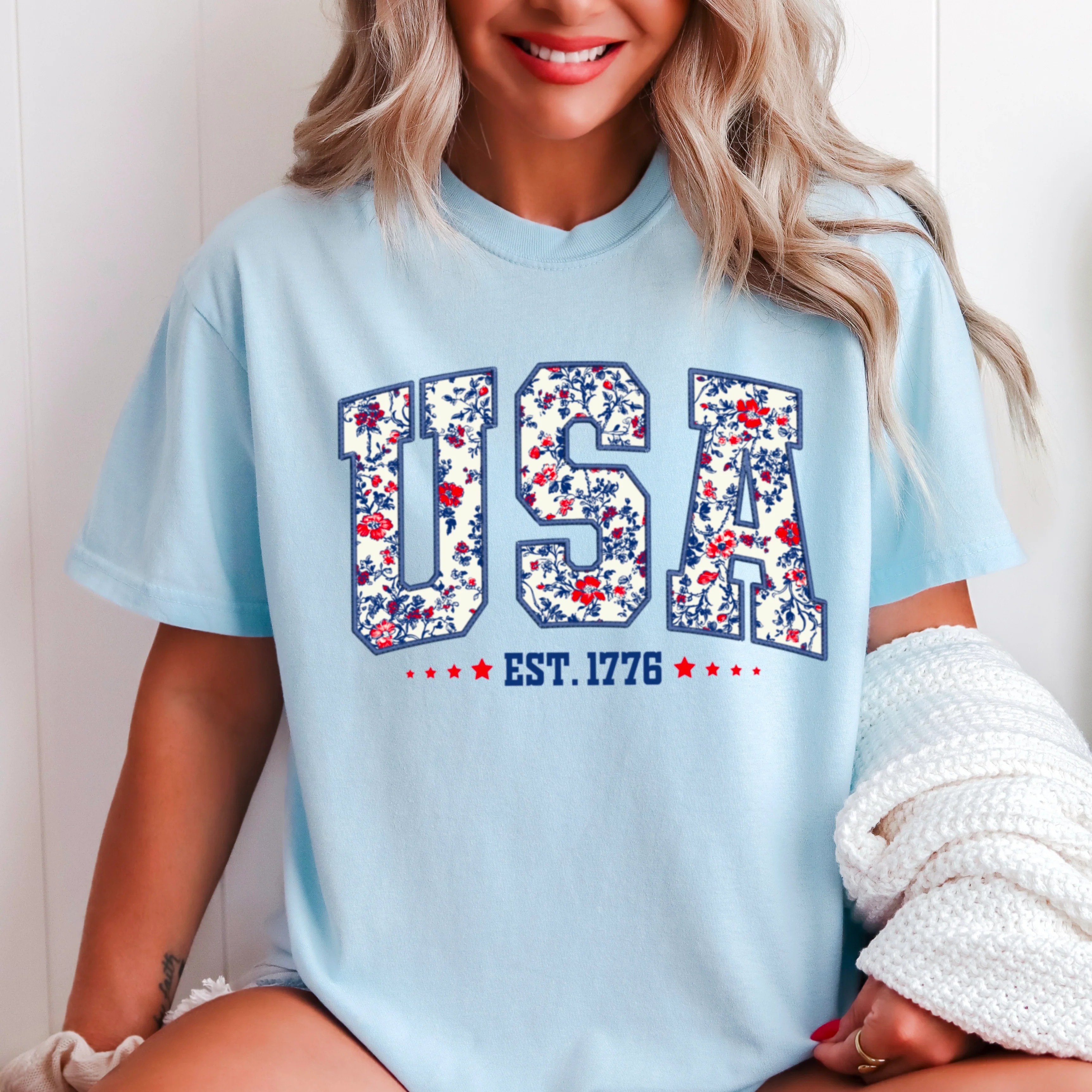 Women's Patriotic Floral USA Graphic Tee, Independence Day Shirt