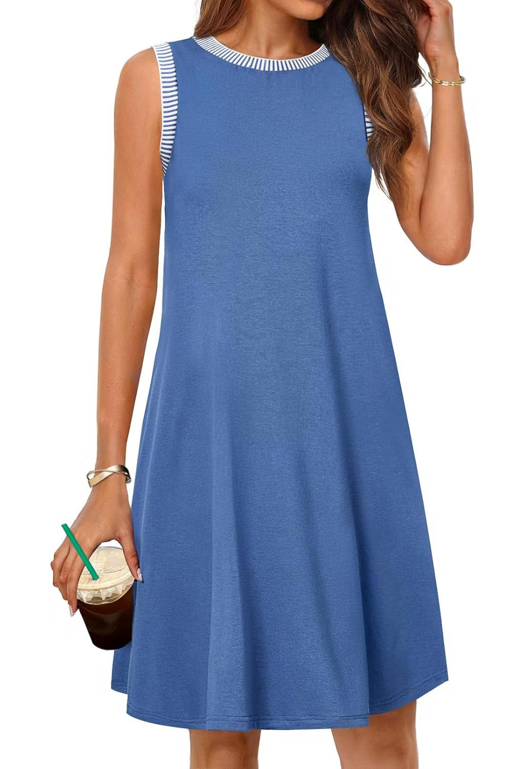 Women's Casual Crewneck Striped Trim Sleeveless Tank Mini Dress