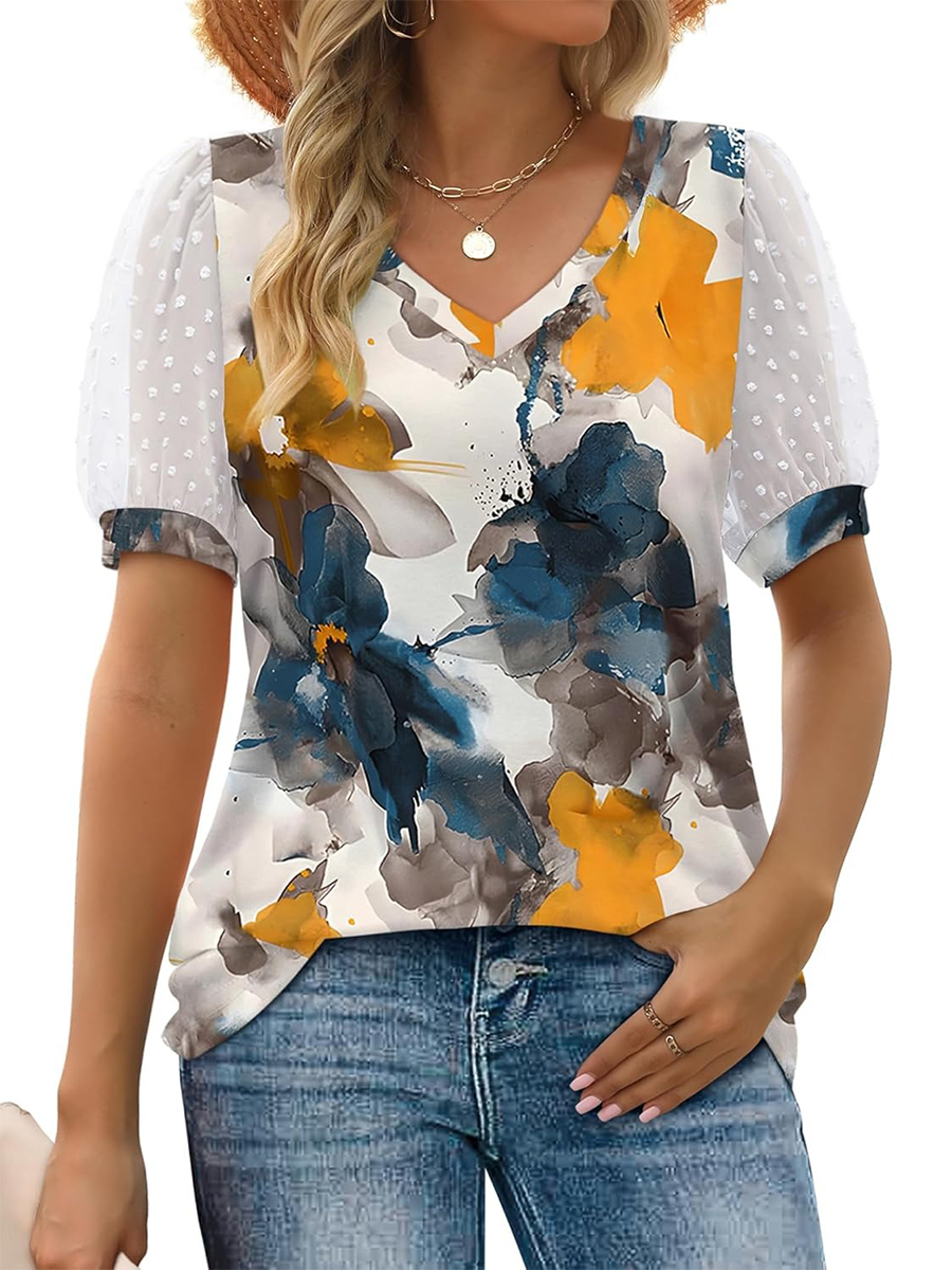 Women's Printed V Neck Swiss Dot Puff Sleeve Loose Casual T-Shirt