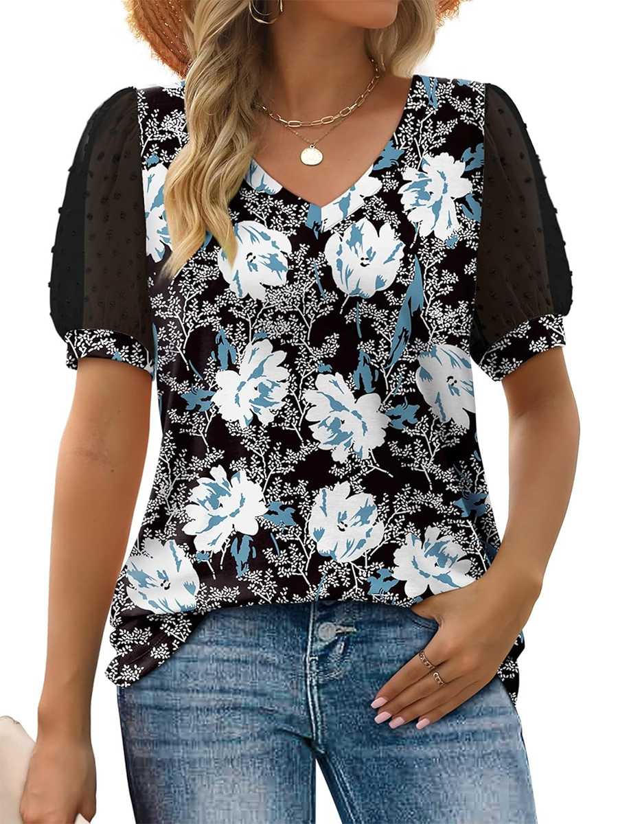 Women's Printed V Neck Swiss Dot Puff Sleeve Loose Casual T-Shirt