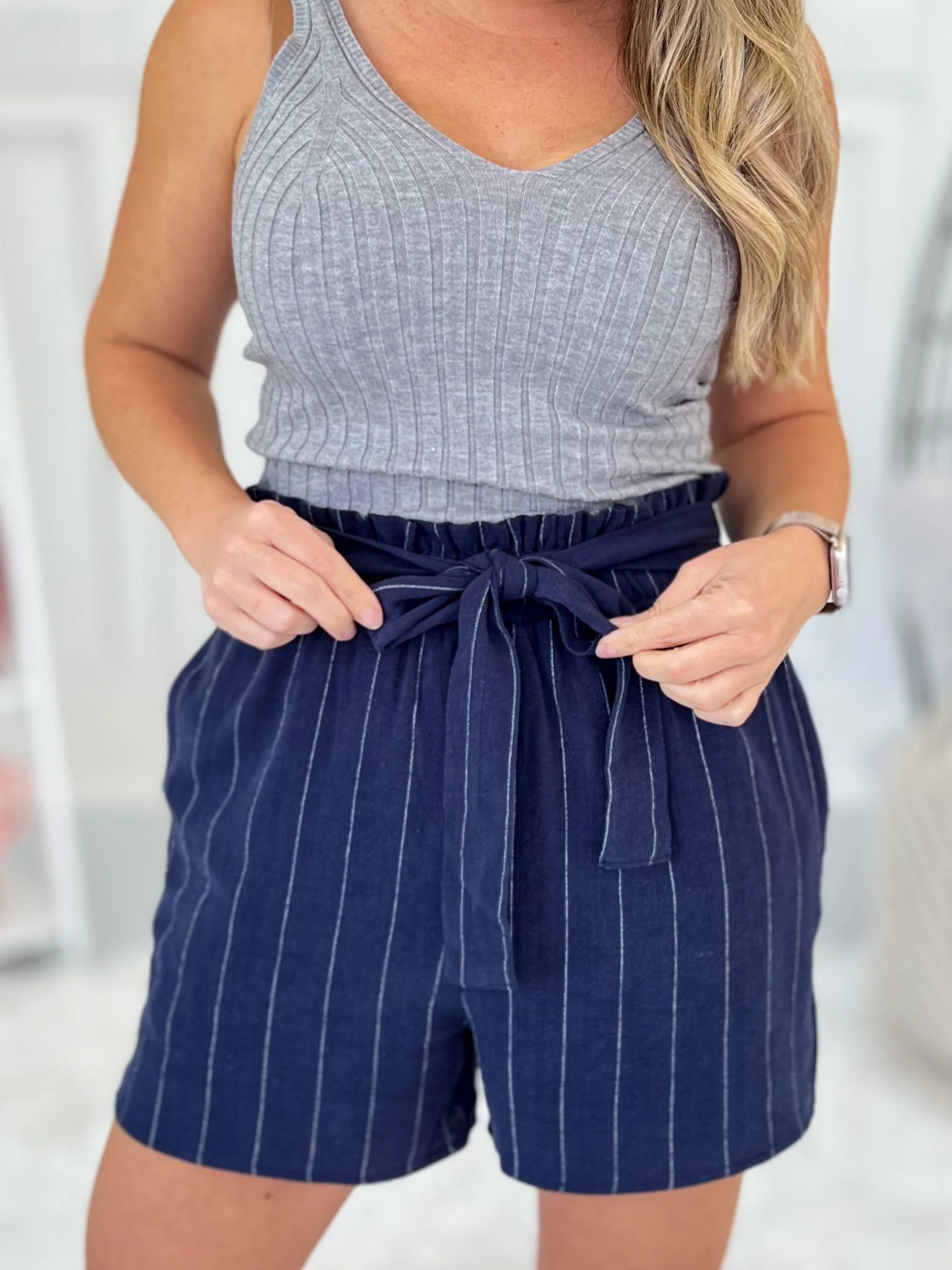 Women's High waist Elastic Tie Striped Solid Pocket Shorts