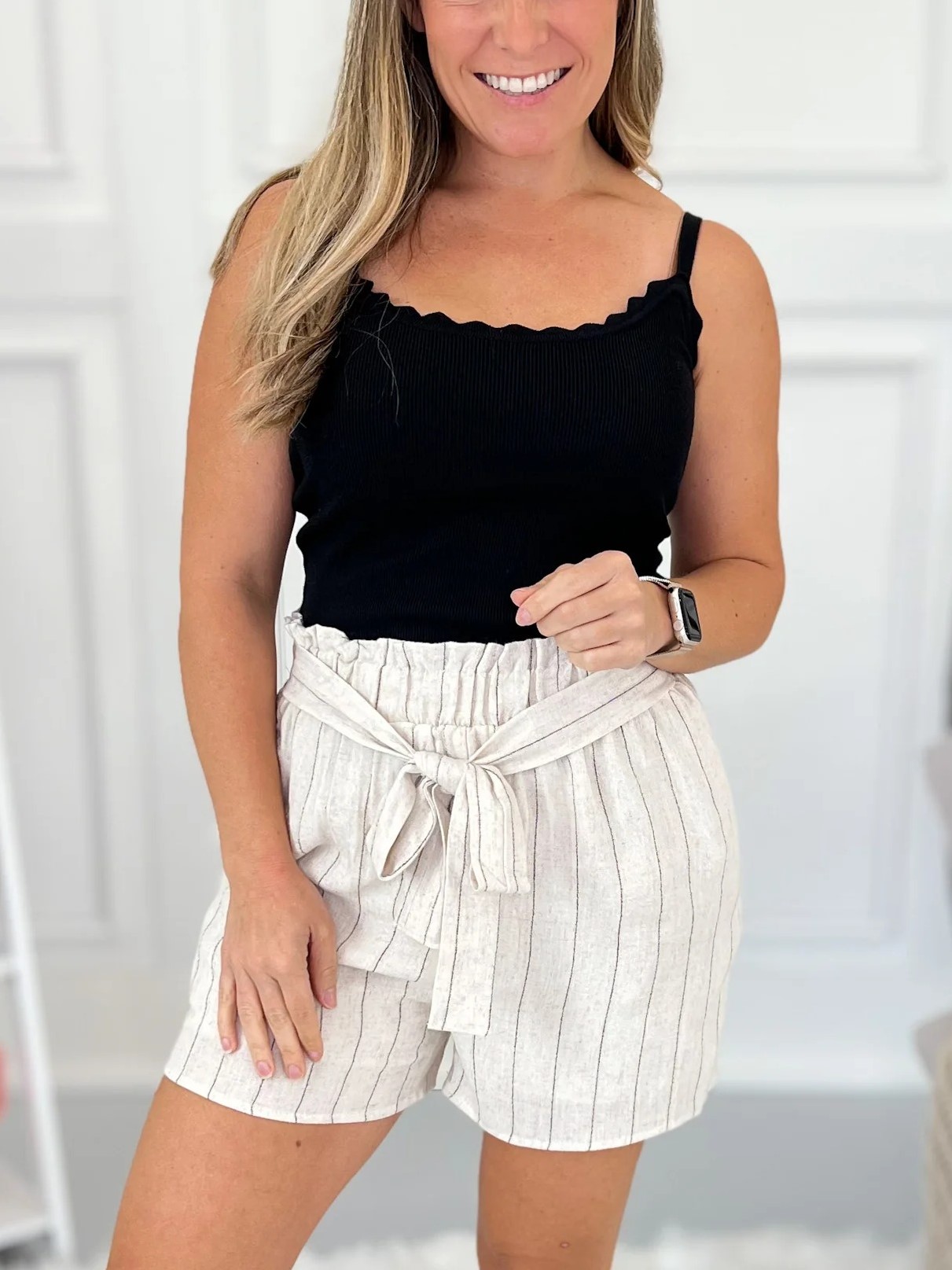 Women's High waist Elastic Tie Striped Solid Pocket Shorts