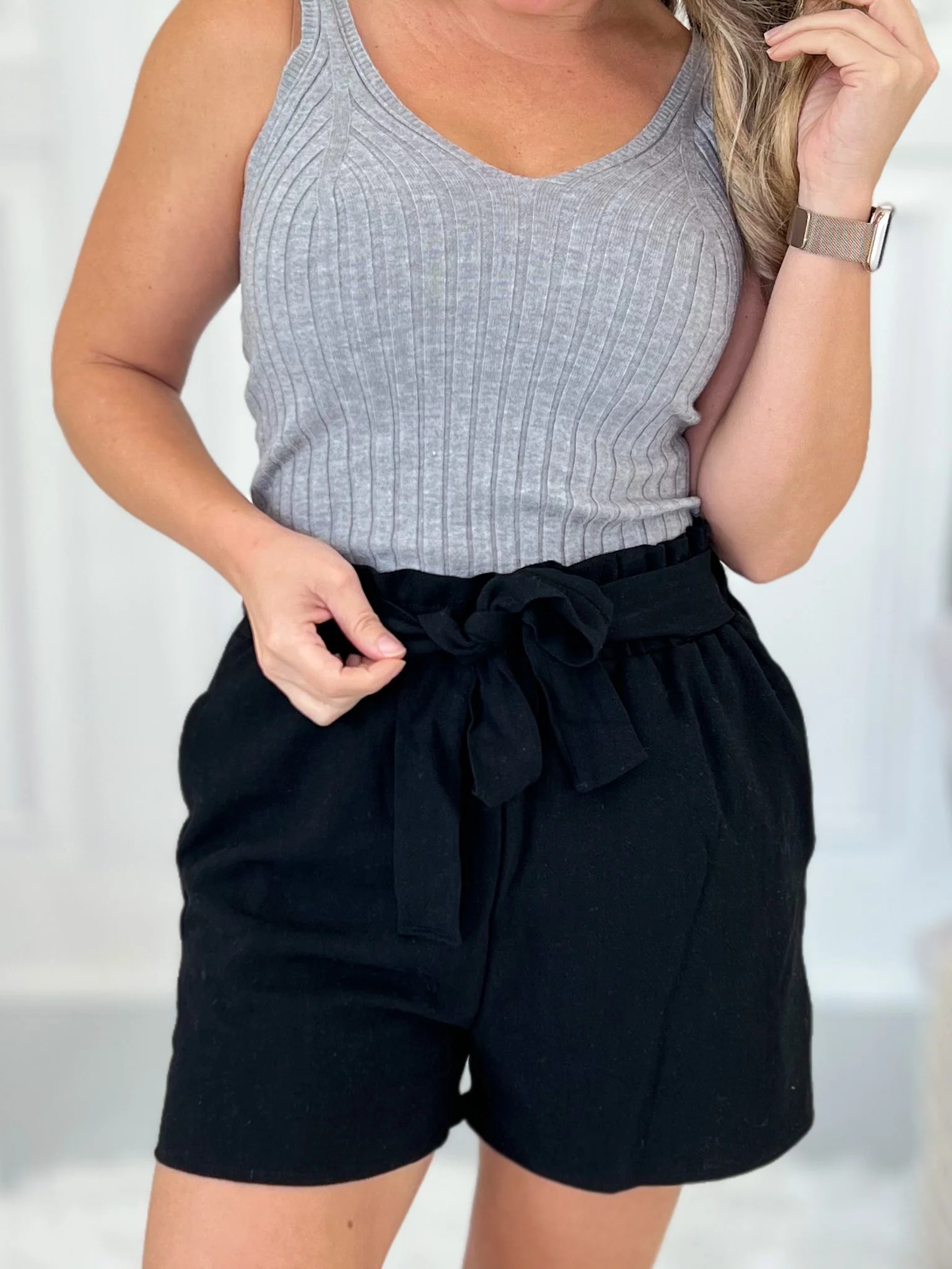 Women's High waist Elastic Tie Striped Solid Pocket Shorts