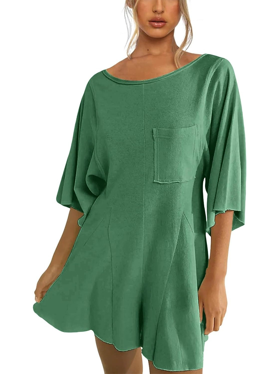 Women's Short Sleeve Loose Ruffled Short Romper Dress with Pocket