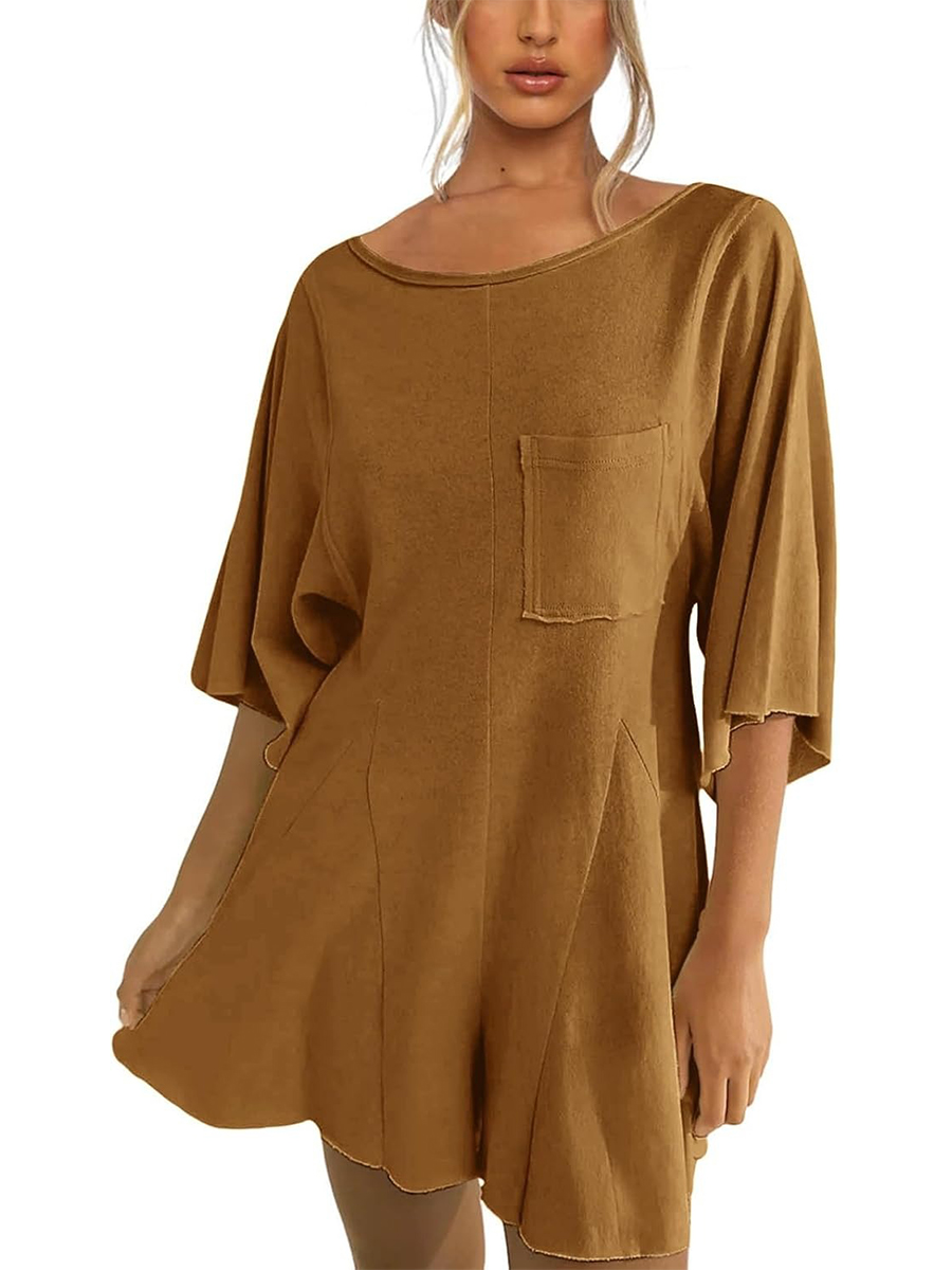 Women's Short Sleeve Loose Ruffled Short Romper Dress with Pocket