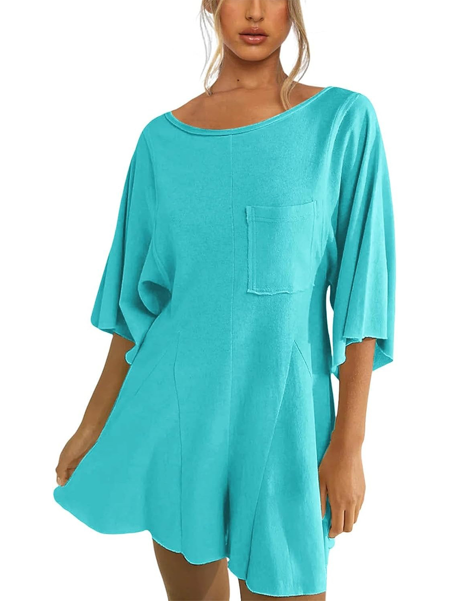 Women's Short Sleeve Loose Ruffled Short Romper Dress with Pocket