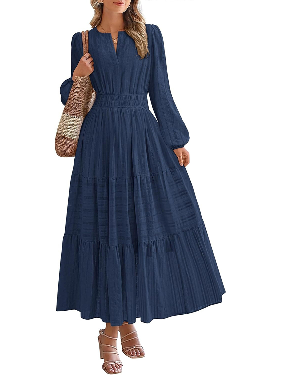 Women's Casual Long Sleeve V Neck Elastic Waist Lightweight Maxi Dress