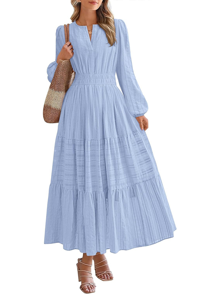 Women's Casual Long Sleeve V Neck Elastic Waist Lightweight Maxi Dress