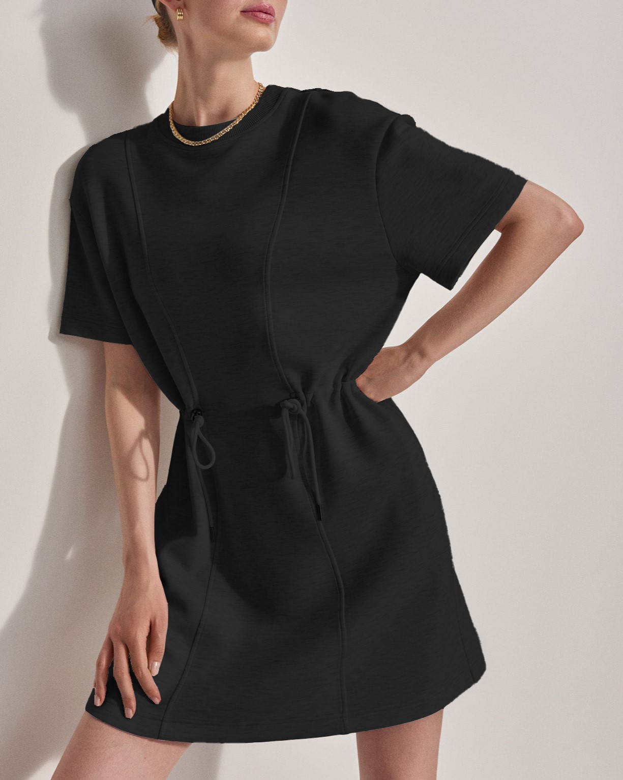 Women's Short-sleeve Drawsting Waist T-shirt Dress