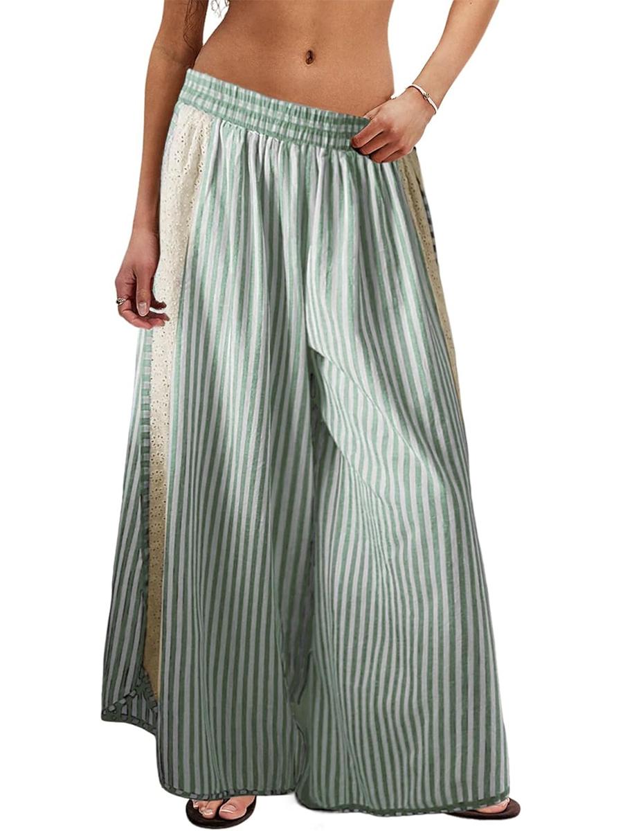 Women's Summer Casual Loose Striped Lace Patchwork Wide Leg Pants