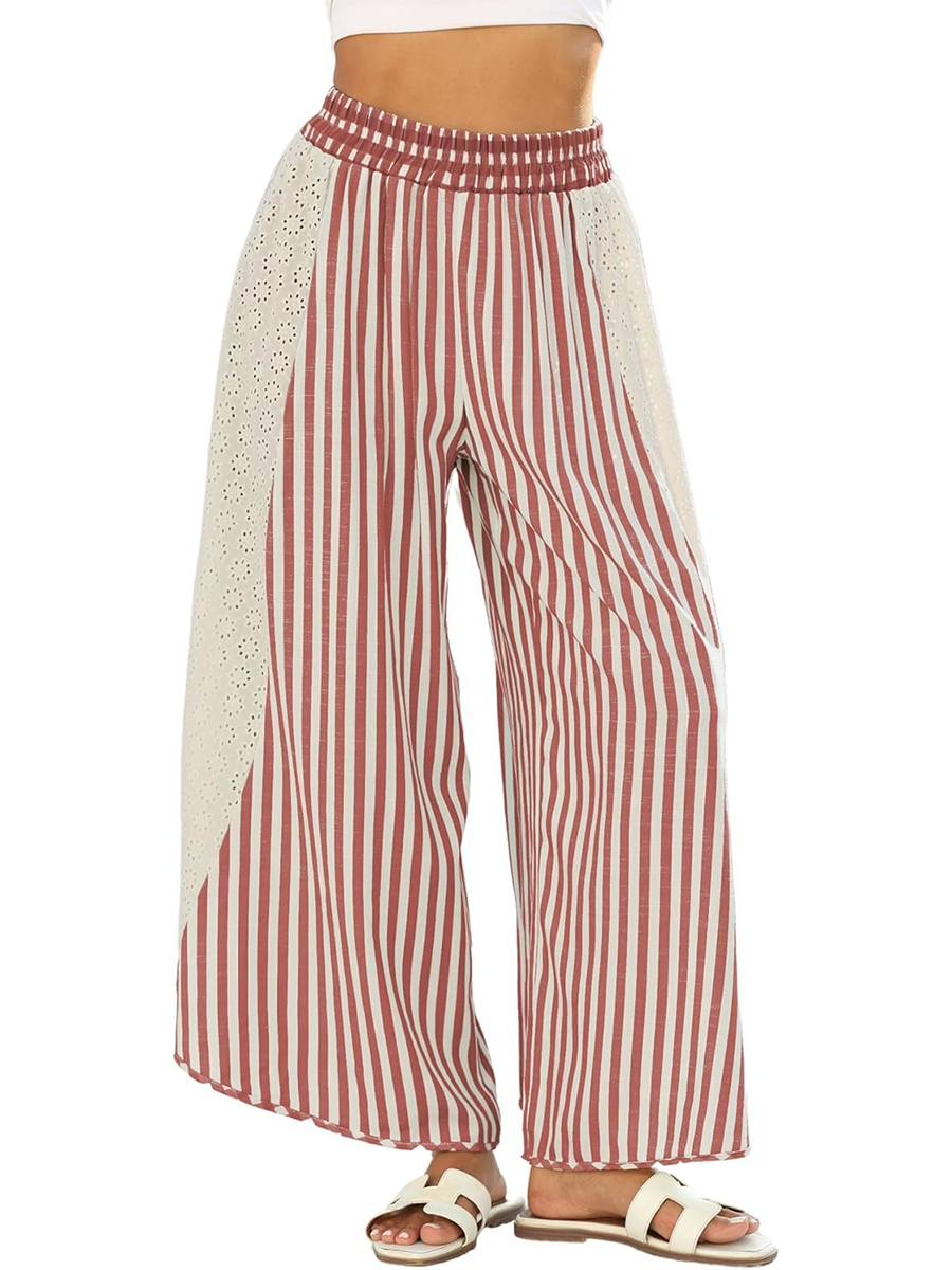 Women's Summer Casual Loose Striped Lace Patchwork Wide Leg Pants