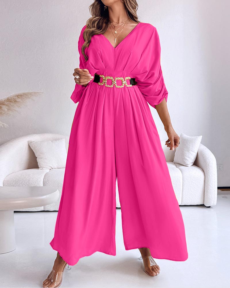 Women's Casual V-Neck Half Sleeve Ruched Jumpsuit