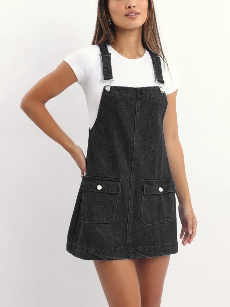 Women's Adjustable Straps Denim Overall Mini Dress with Pockets