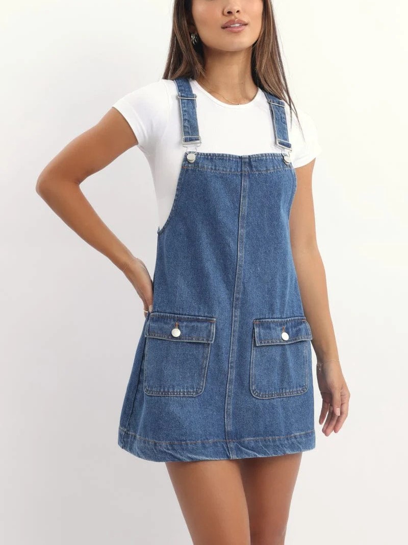 Women's Adjustable Straps Denim Overall Mini Dress with Pockets