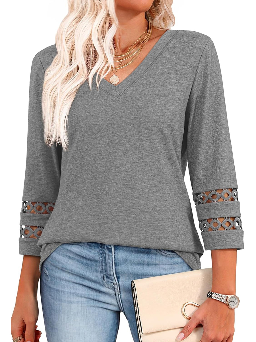 Women's Dressy Casual V Neck Hollow 3/4 Length Sleeve Tops