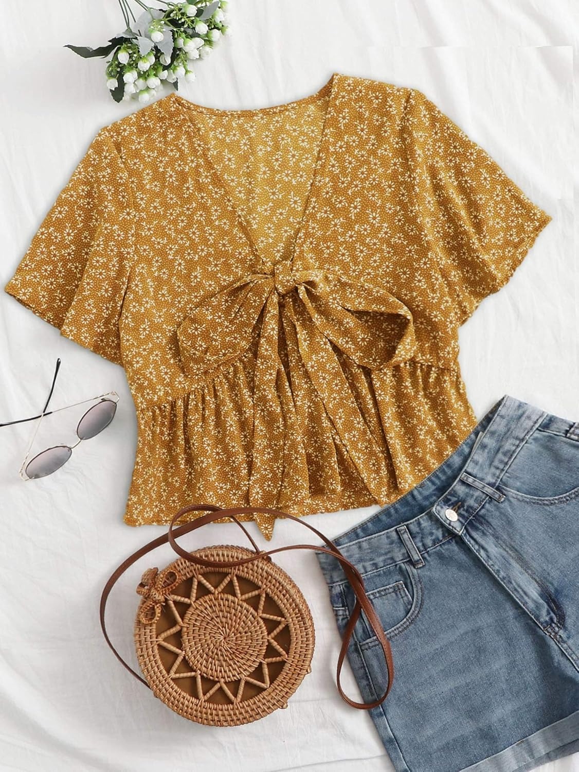 Women's Floral Print V Neck Tie Knot Ruffle Hem Short Sleeve Top