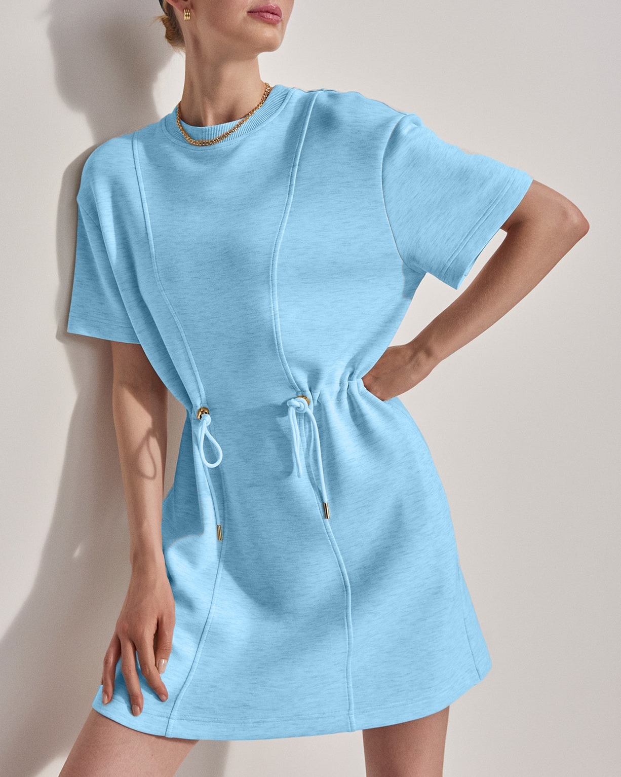 Women's Short-sleeve Drawsting Waist T-shirt Dress