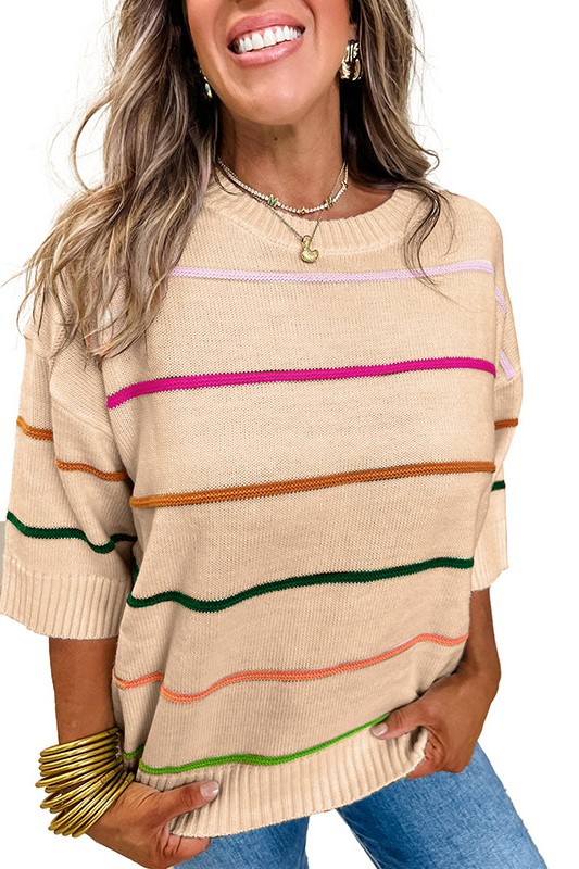 Women's Crew Neck Knit Striped Half Sleeve Drop Shoulder Sweater