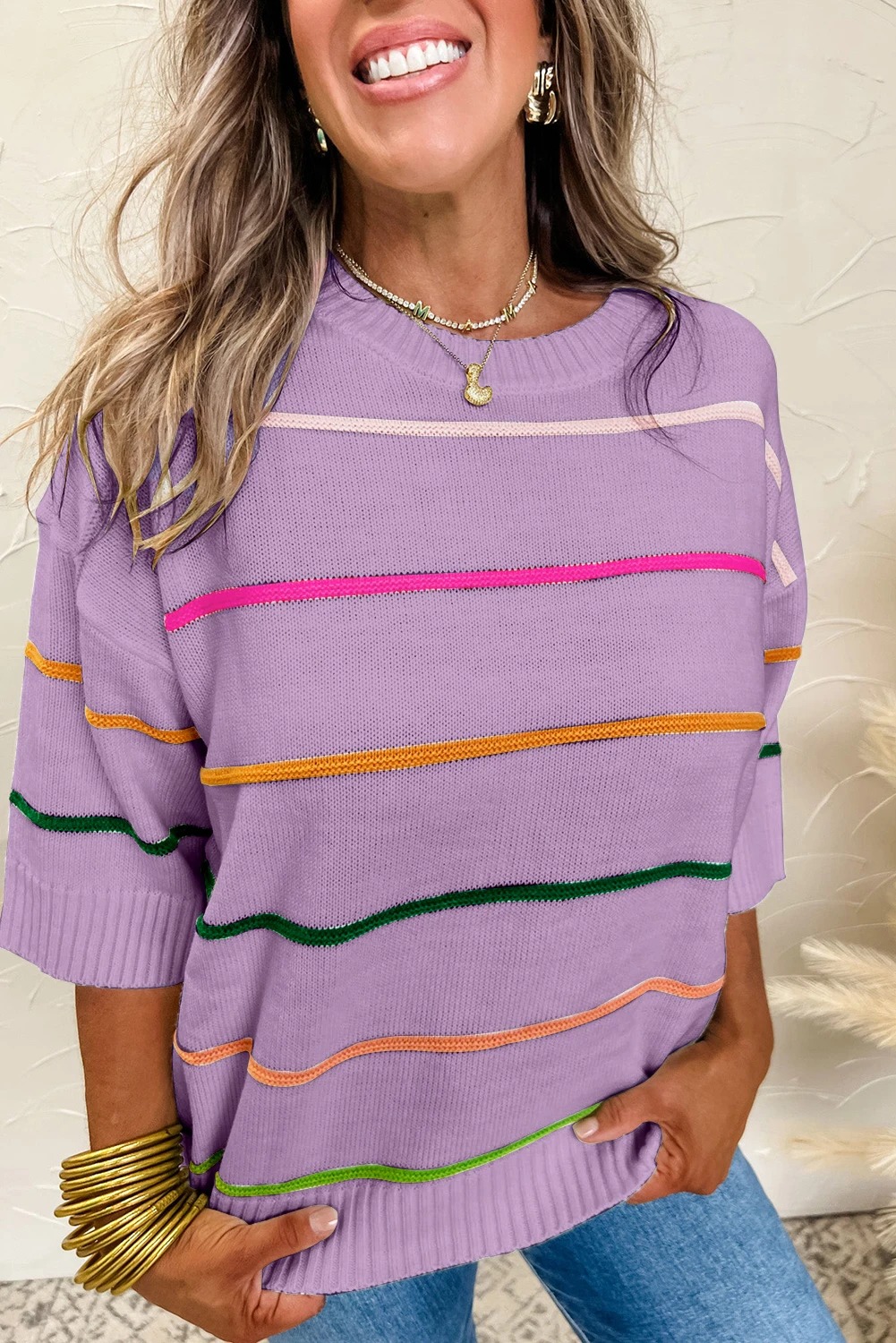 Women's Crew Neck Knit Striped Half Sleeve Drop Shoulder Sweater