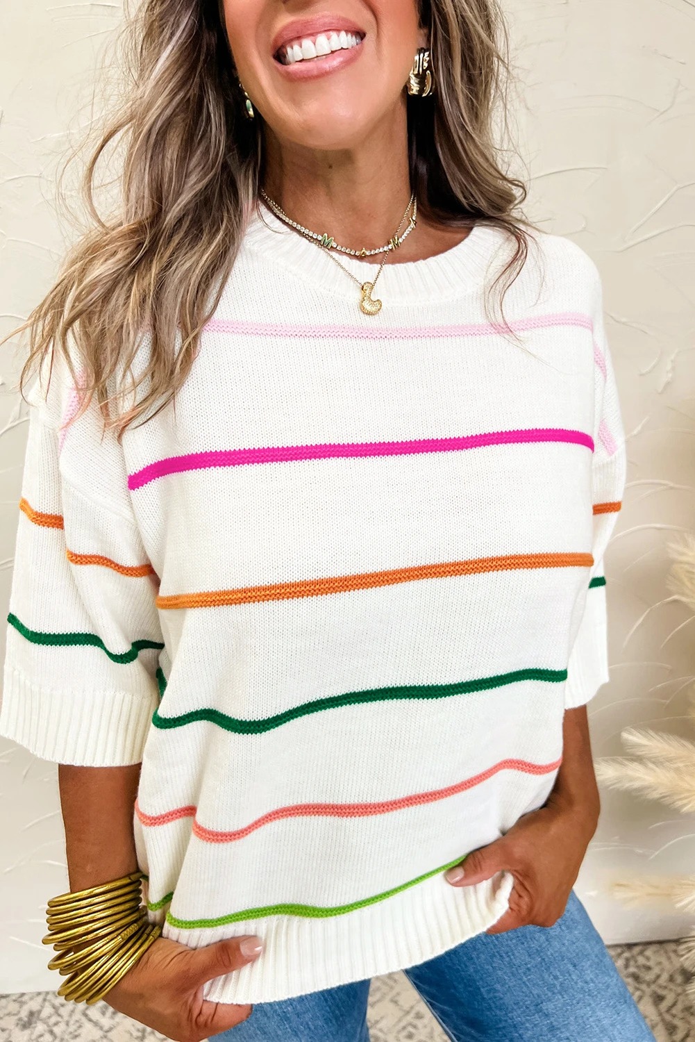 Women's Crew Neck Knit Striped Half Sleeve Drop Shoulder Sweater