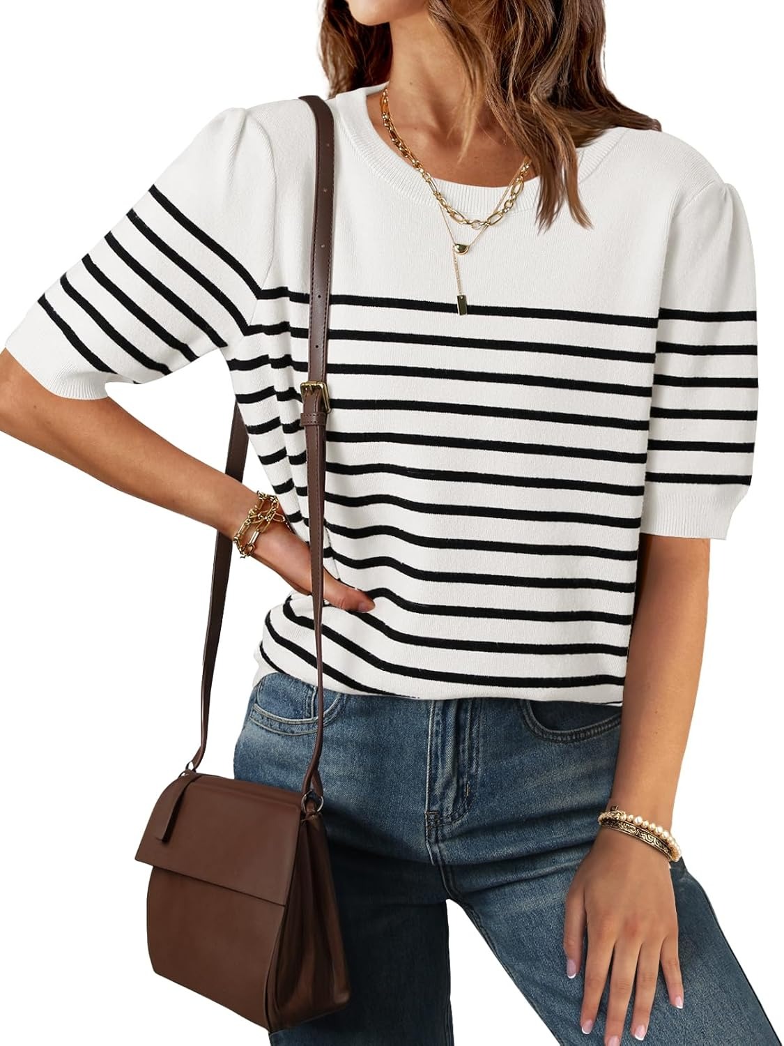 Women's Casual Striped Puff Sleeve Knit T-Shirts Top