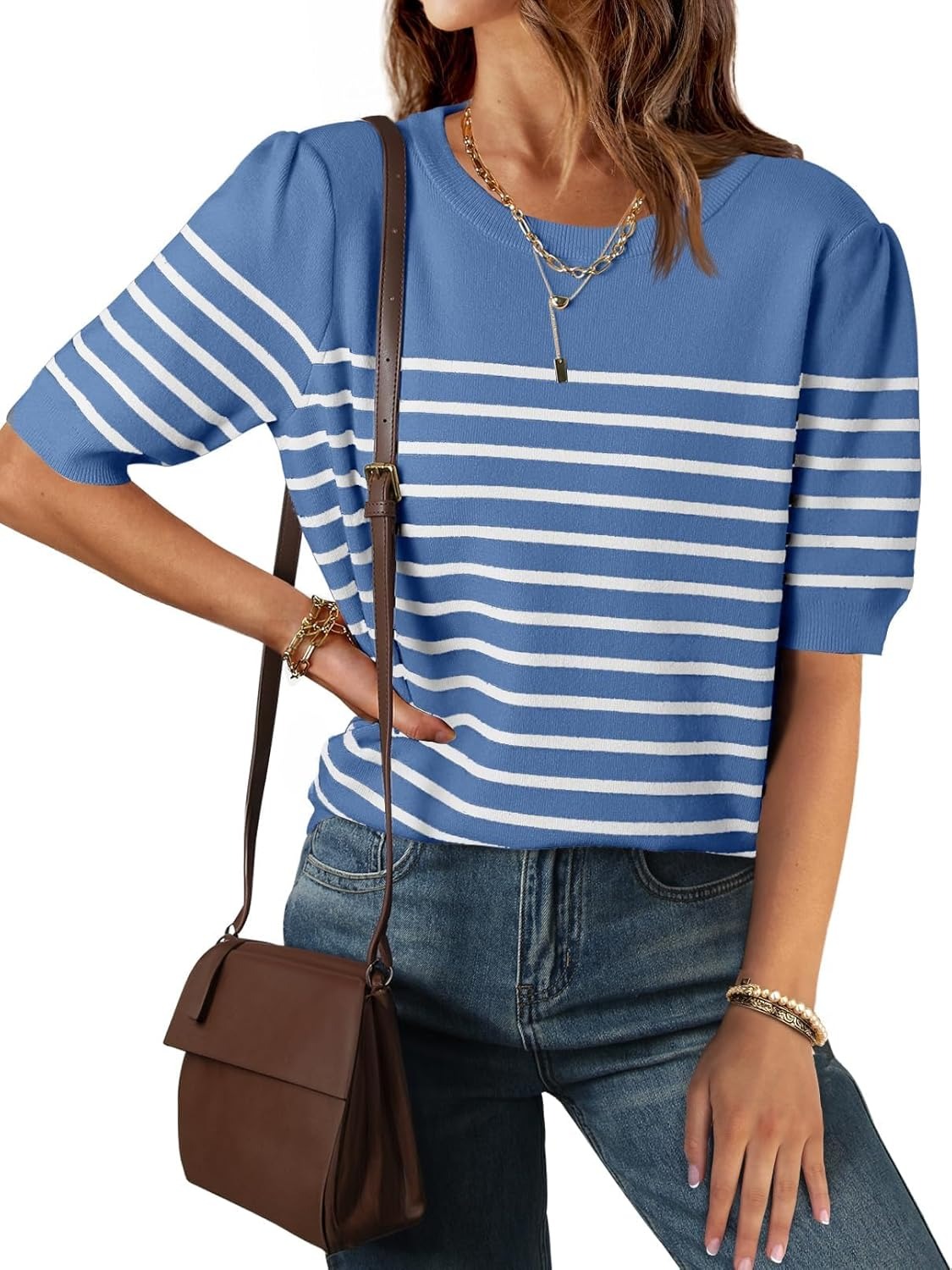 Women's Casual Striped Puff Sleeve Knit T-Shirts Top
