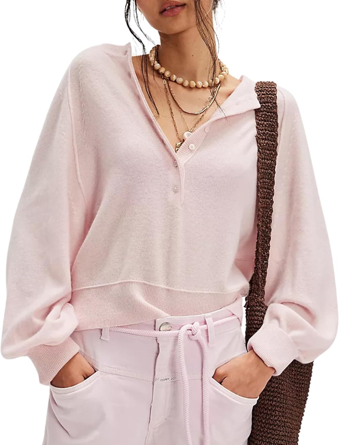 Women's Casual Henley Neck Long Sleeve Knit Button Sweater