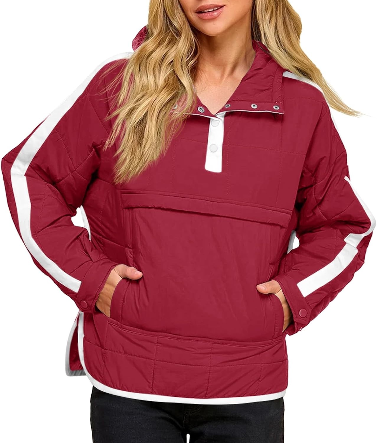 Women's Puffer Quilted Color Block Puffy Pocket Hoodie Jacket