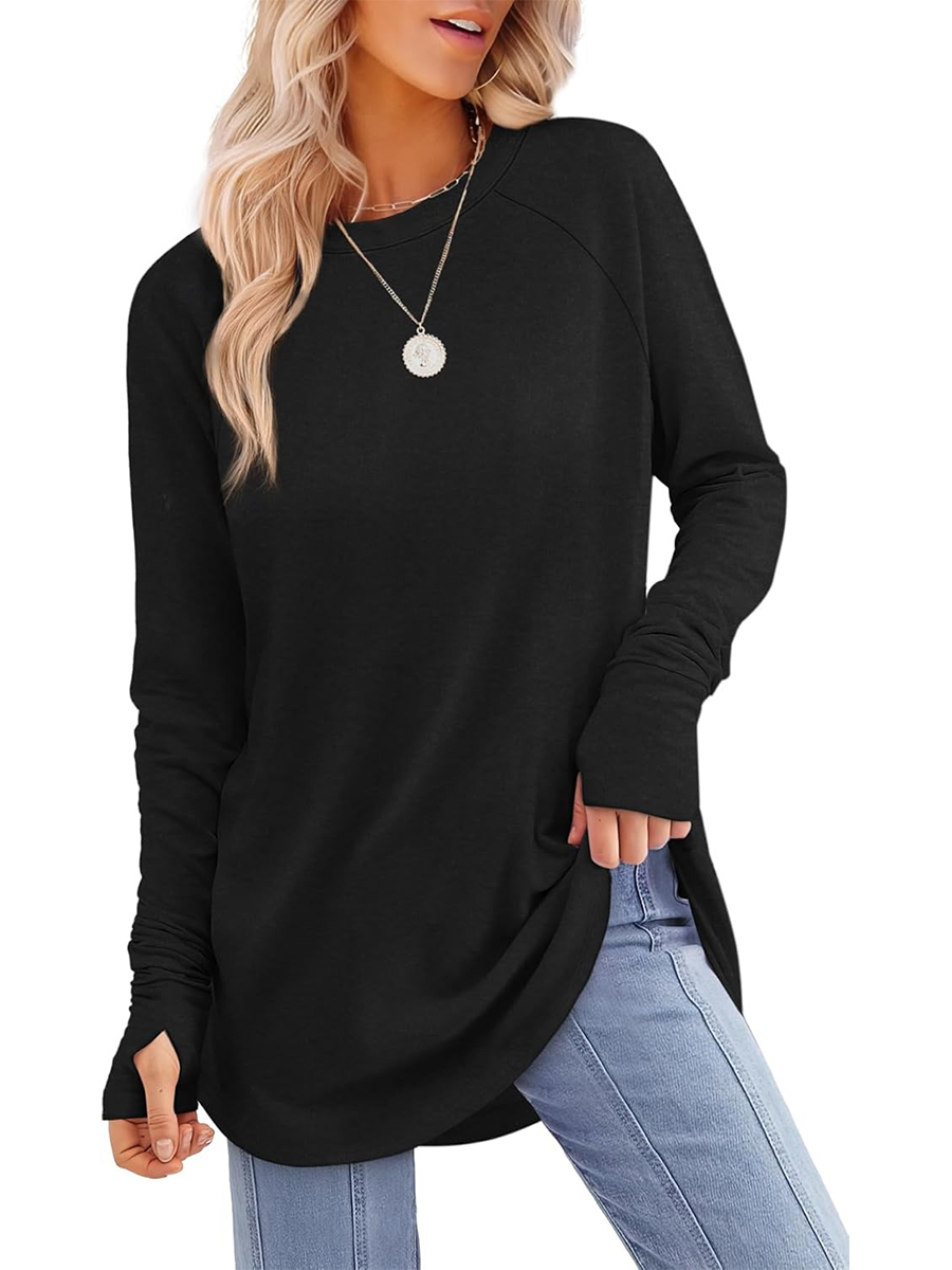 Women's Crew Neck Long Sleeve Thumb Hole Shirts Basic Top