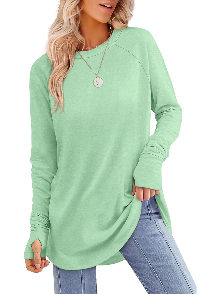Women's Crew Neck Long Sleeve Thumb Hole Shirts Basic Top