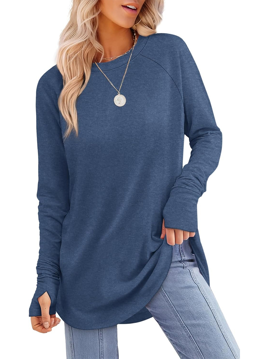 Women's Crew Neck Long Sleeve Thumb Hole Shirts Basic Top