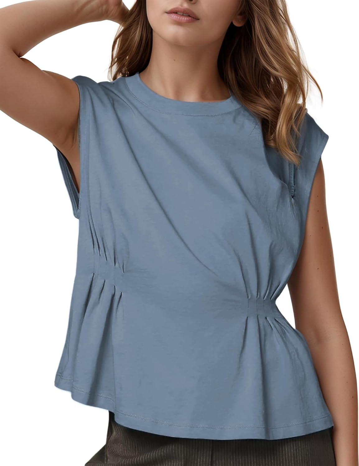 Women's Casual Cap Sleeve Dressy Pleated Tops Tunic Shirt