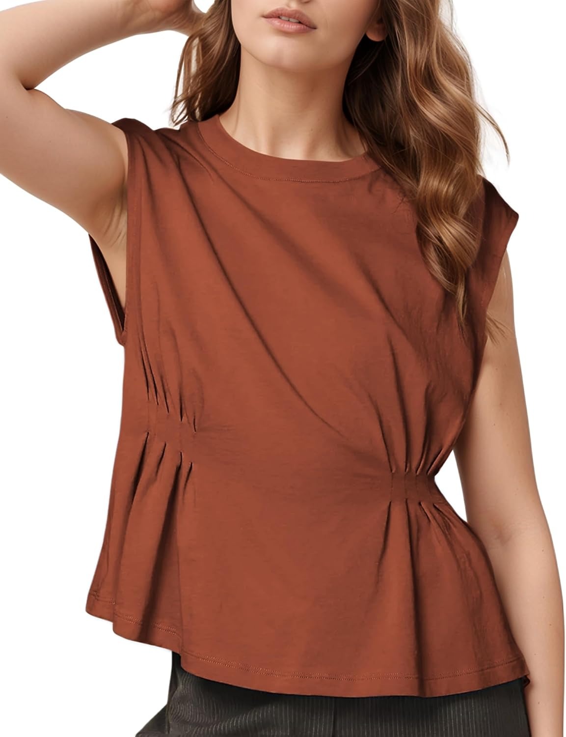 Women's Casual Cap Sleeve Dressy Pleated Tops Tunic Shirt