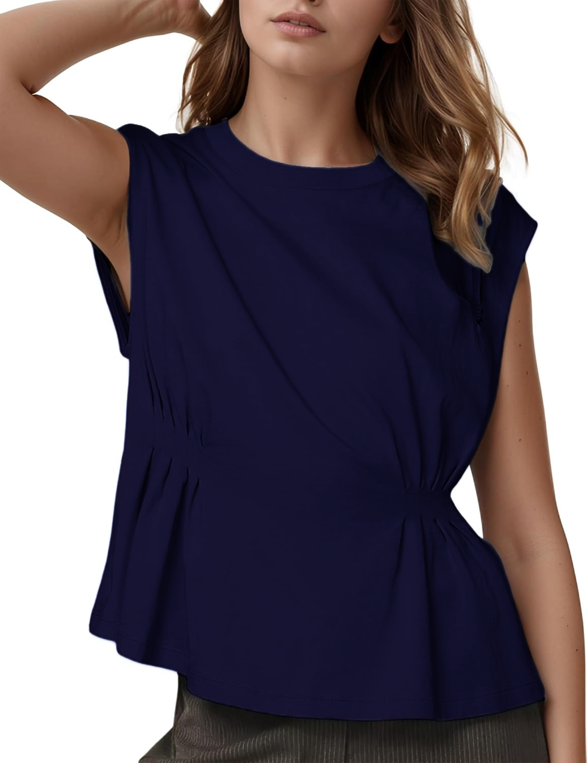 Women's Casual Cap Sleeve Dressy Pleated Tops Tunic Shirt