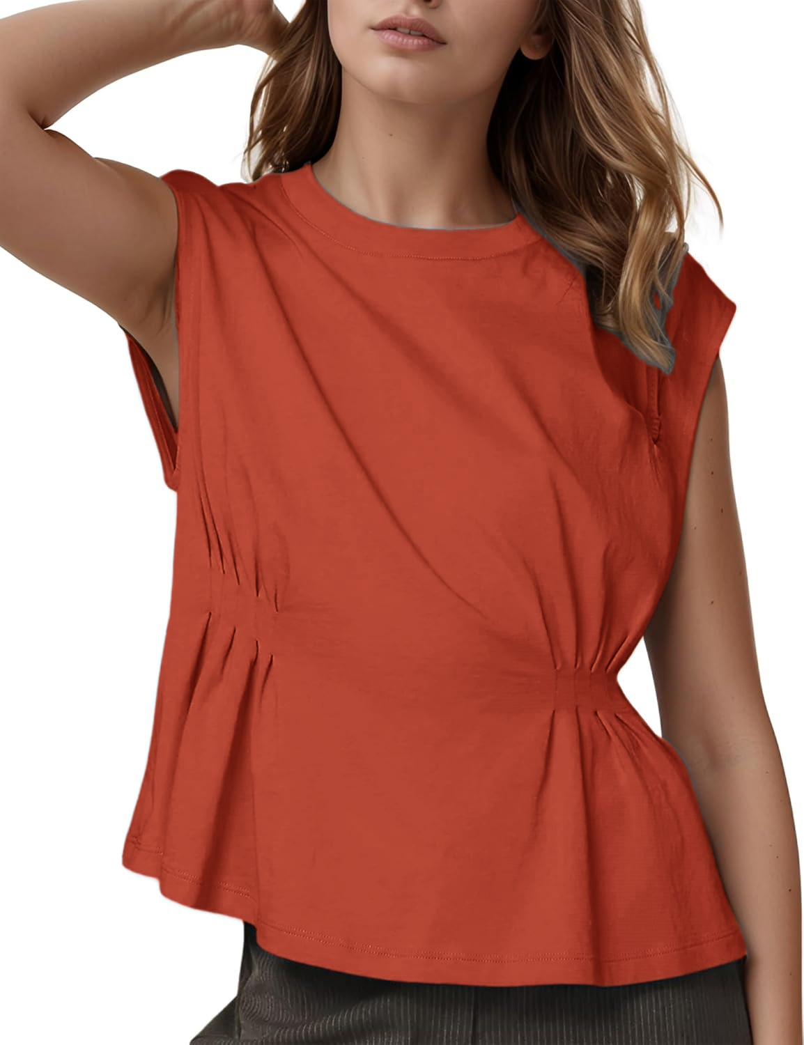 Women's Casual Cap Sleeve Dressy Pleated Tops Tunic Shirt