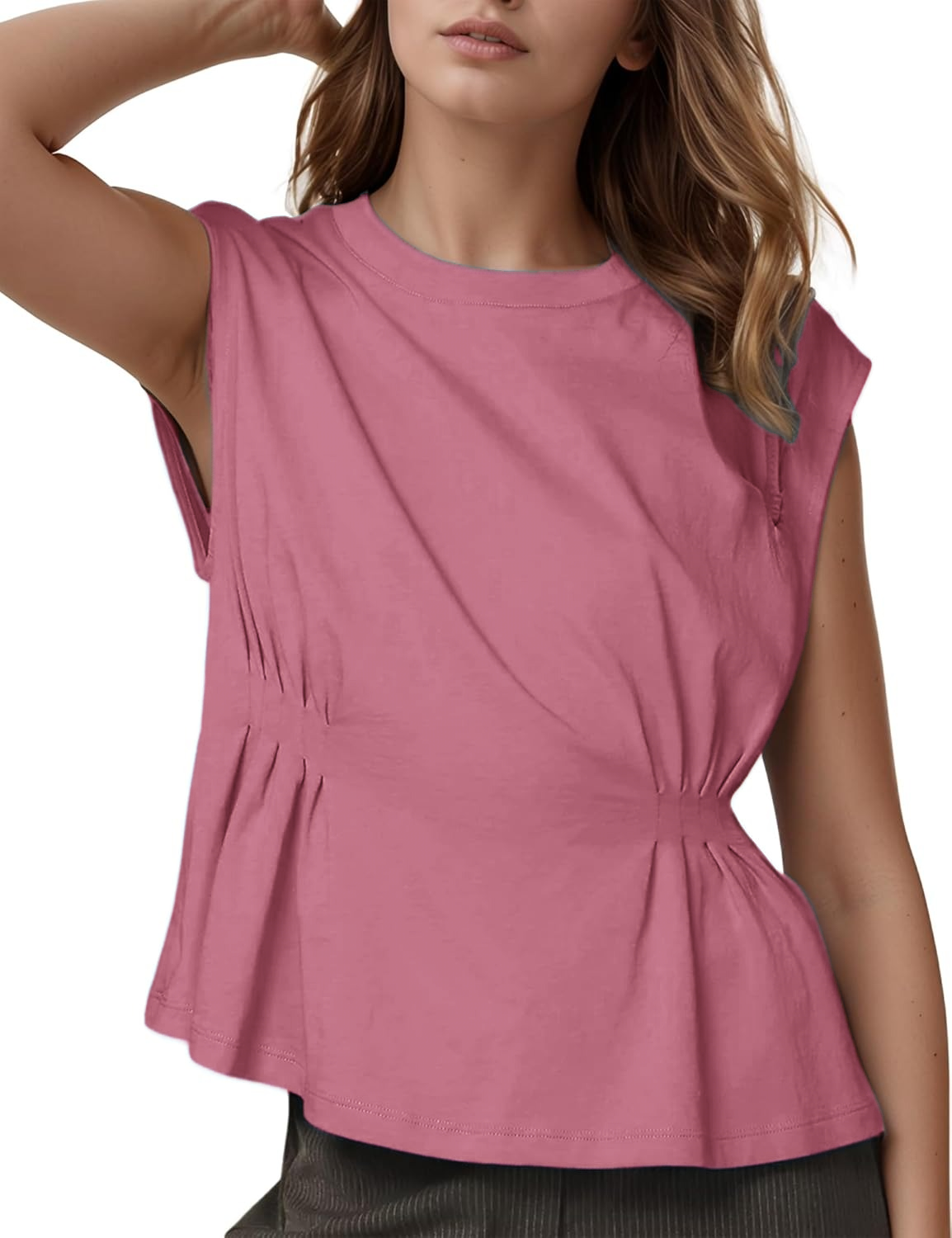 Women's Casual Cap Sleeve Dressy Pleated Tops Tunic Shirt
