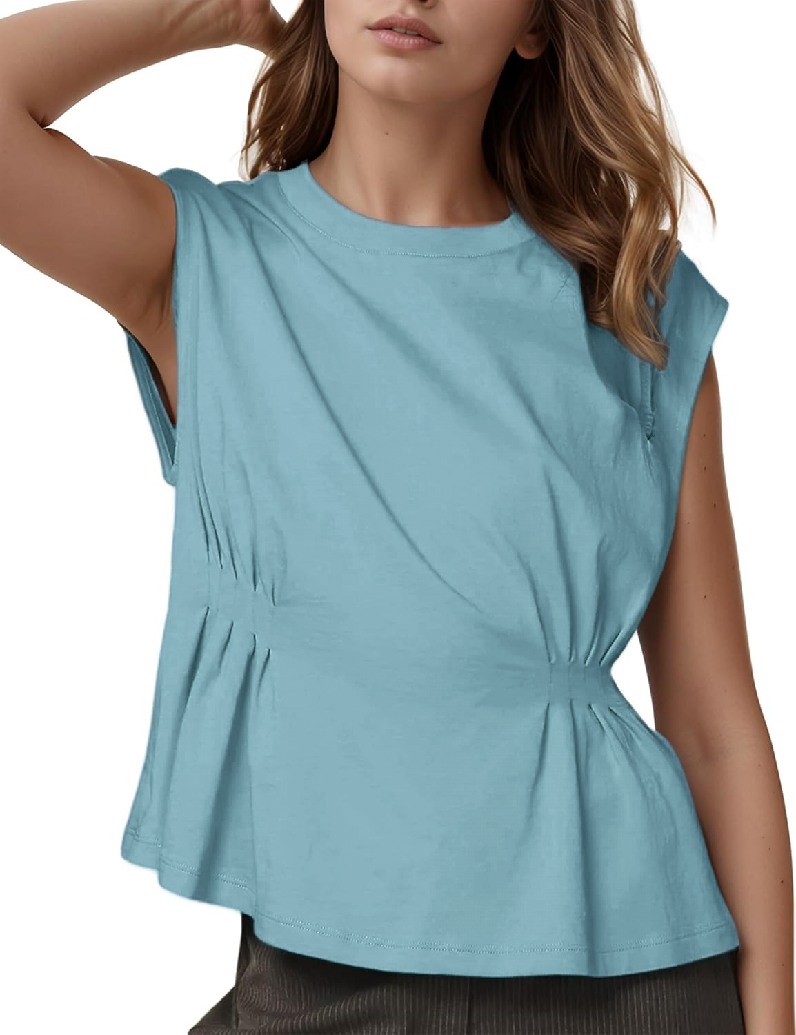Women's Casual Cap Sleeve Dressy Pleated Tops Tunic Shirt