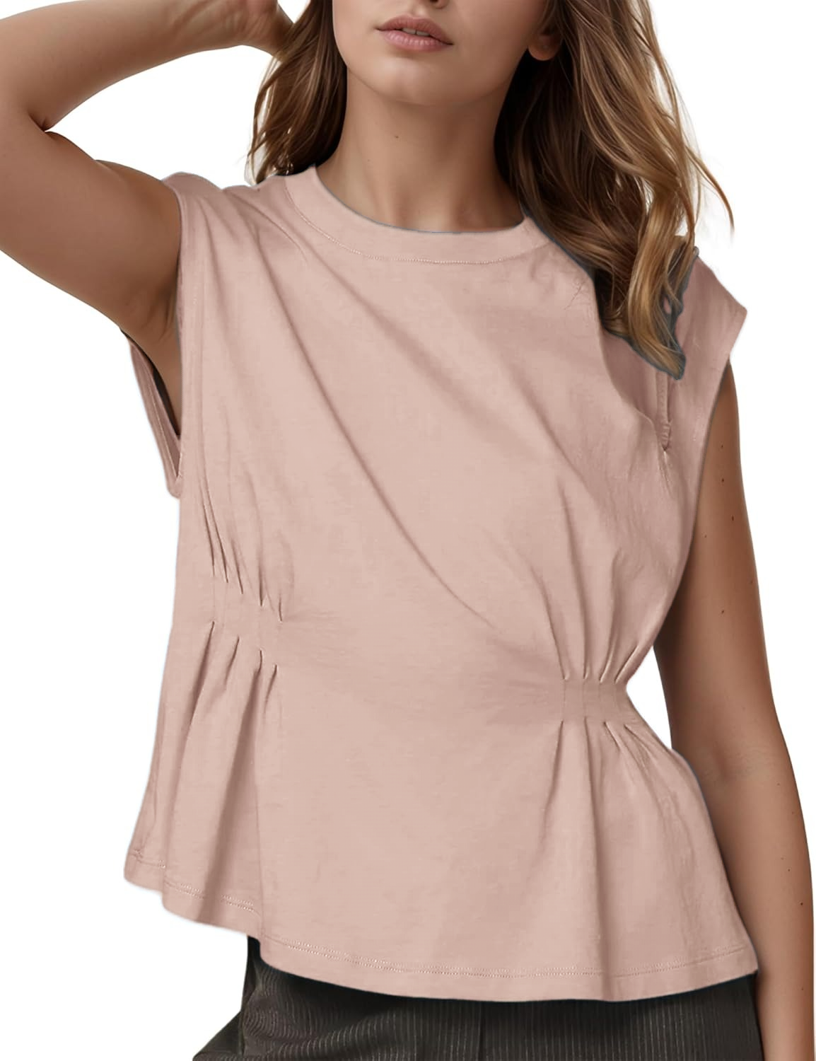 Women's Casual Cap Sleeve Dressy Pleated Tops Tunic Shirt