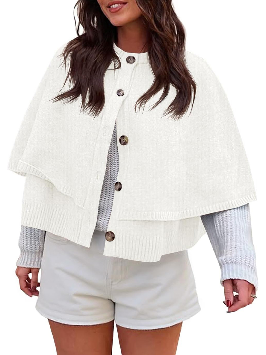 Women's Button Up Crew Neck Knit Knit Cape Cardigan Sweater